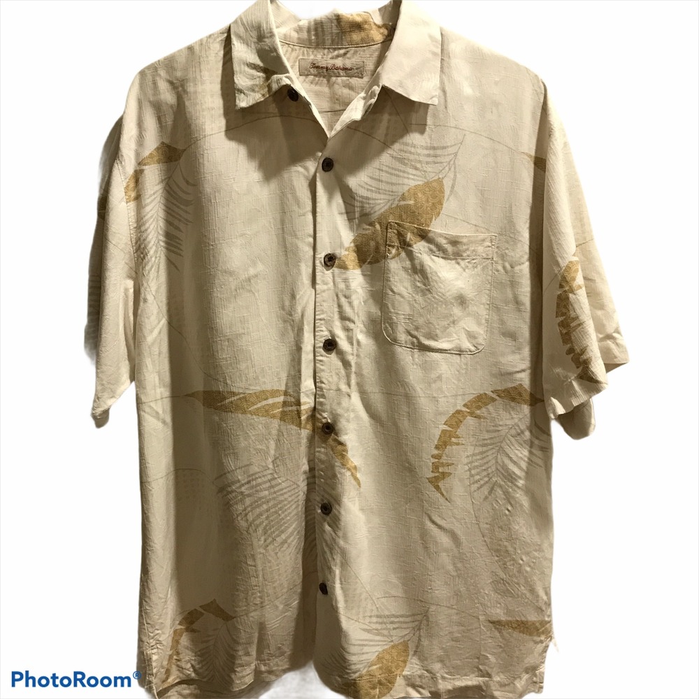 Tommy Bahama Button Down Shirt XL Cream Excellent Tropical Leaf Short Sleeve